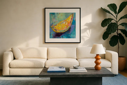 Lemon Wedge by Jeanette Vertentes. Displayed in a glass frame with matte in a clean modern living room. Available as an archival giclee rolled canvas, fine art paper, or poster print. SKU 53245a.