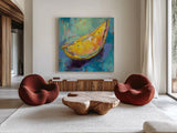 Lemon Wedge by Jeanette Vertentes. Shown as extra-large giant wall art in a modern living room. Available as an archival giclee rolled canvas, fine art paper, or poster print. SKU 53245a.
