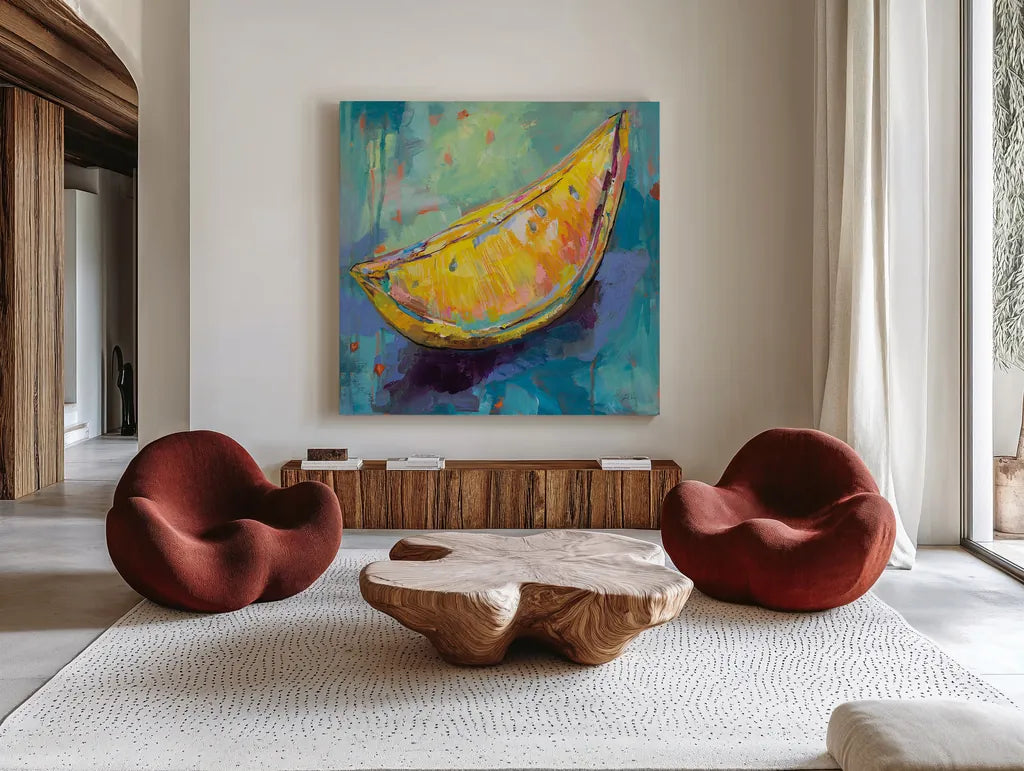 Lemon Wedge by Jeanette Vertentes. Shown as extra-large giant wall art in a modern living room. Available as an archival giclee rolled canvas, fine art paper, or poster print. SKU 53245a.