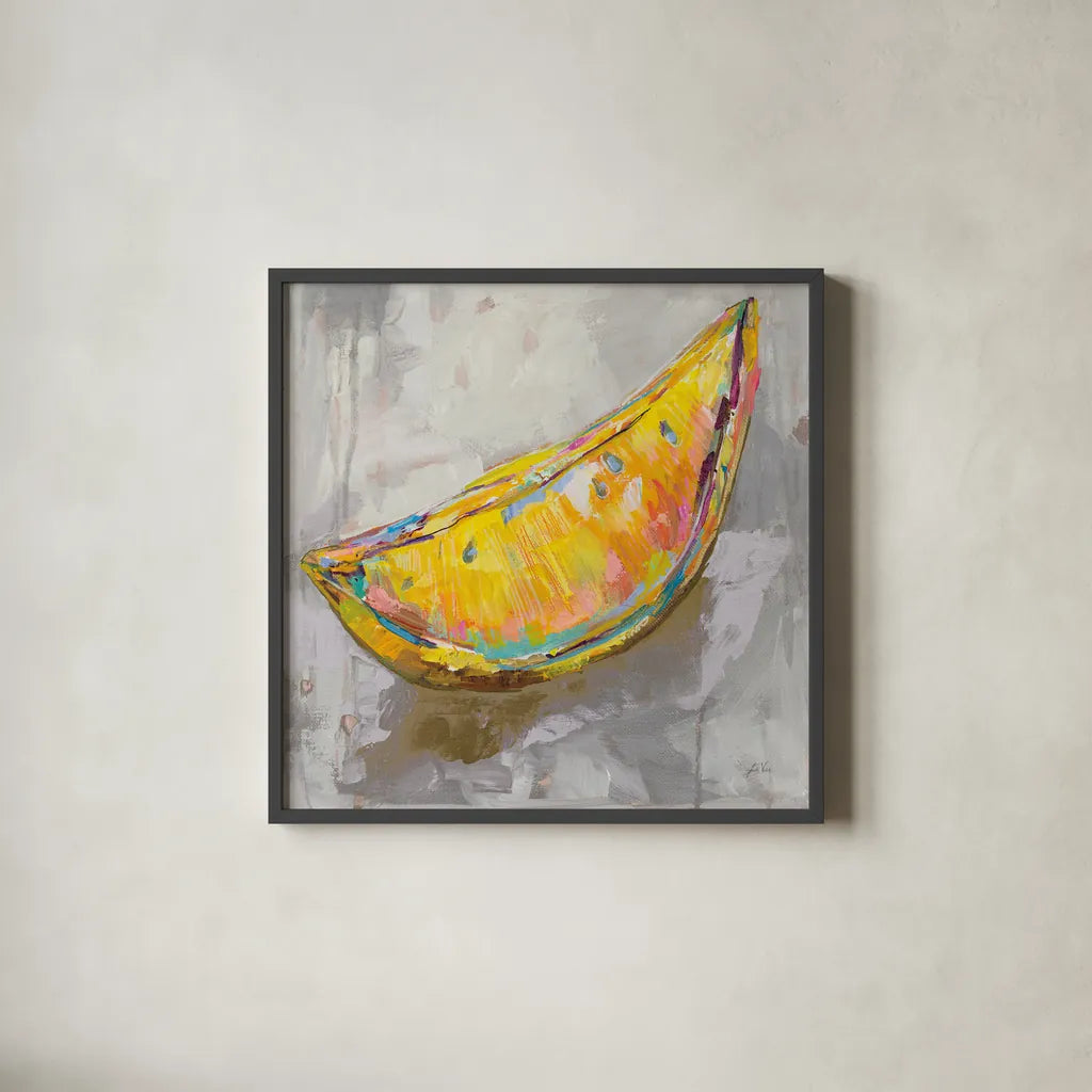 Lemon Wedge Neutral by Jeanette Vertentes. Shown in a sleek black glass frame for a contemporary gallery look. Available as an archival giclee rolled canvas, fine art paper, or poster print. SKU 58940a.