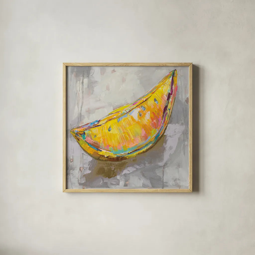 Lemon Wedge Neutral by Jeanette Vertentes. Shown in a natural wood glass frame for a timeless modern aesthetic. Available as an archival giclee rolled canvas, fine art paper, or poster print. SKU 58940a.
