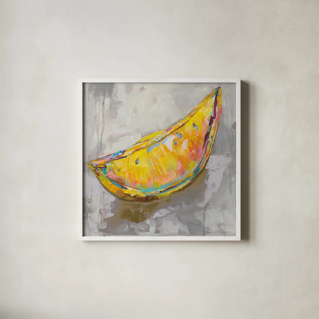 Lemon Wedge Neutral by Jeanette Vertentes. Shown in a crisp white glass frame for a clean and minimalist style. Available as an archival giclee rolled canvas, fine art paper, or poster print. SKU 58940a.