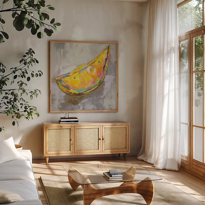 Lemon Wedge Neutral by Jeanette Vertentes. Shown in a natural wood frame in a cozy modern living room. Available as an archival giclee rolled canvas, fine art paper, or poster print. SKU 58940a.