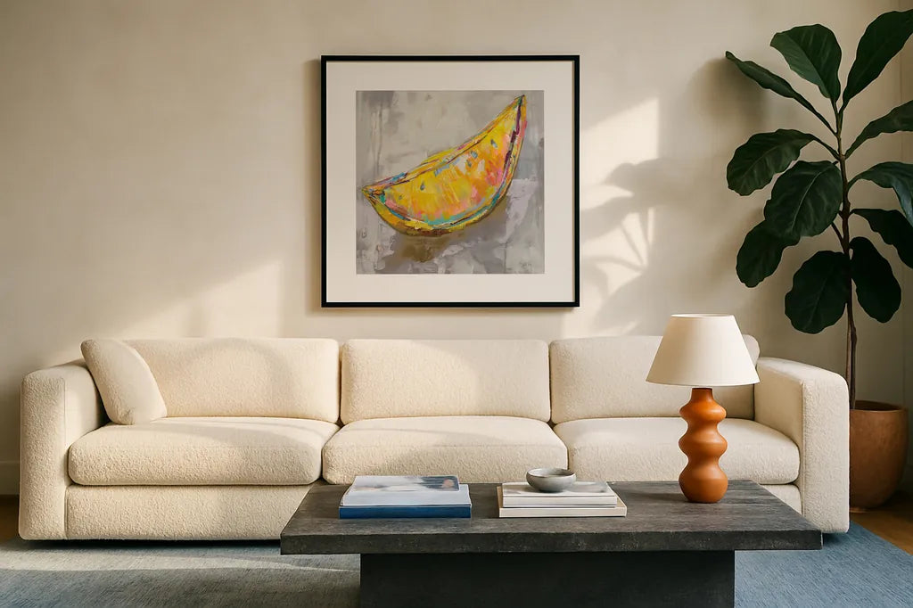 Lemon Wedge Neutral by Jeanette Vertentes. Displayed in a glass frame with matte in a clean modern living room. Available as an archival giclee rolled canvas, fine art paper, or poster print. SKU 58940a.