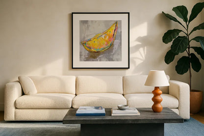Lemon Wedge Neutral by Jeanette Vertentes. Displayed in a glass frame with matte in a clean modern living room. Available as an archival giclee rolled canvas, fine art paper, or poster print. SKU 58940a.