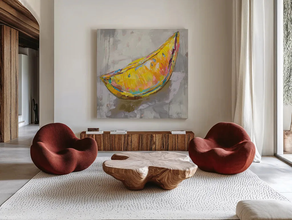 Lemon Wedge Neutral by Jeanette Vertentes. Shown as extra-large giant wall art in a modern living room. Available as an archival giclee rolled canvas, fine art paper, or poster print. SKU 58940a.