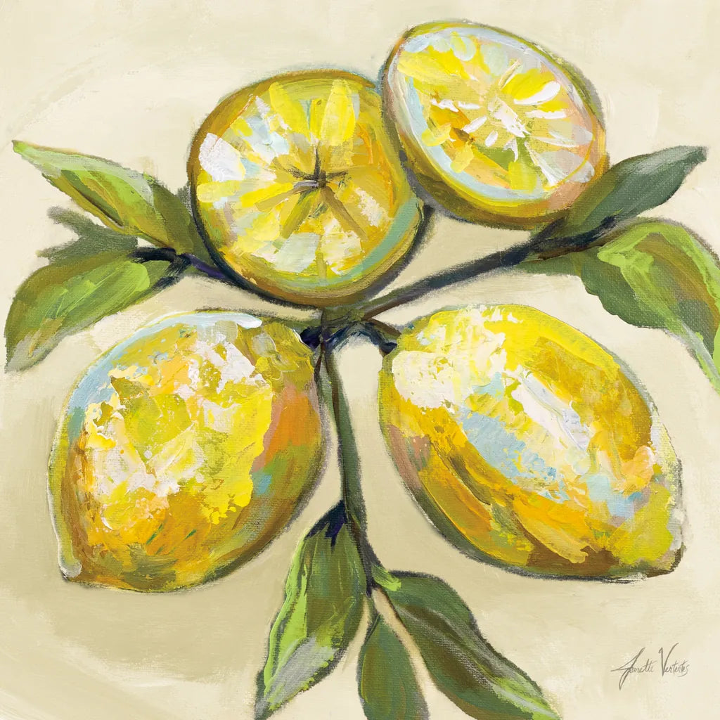 Lemons on Cream by Jeanette Vertentes. SKU 63916a. Archival Giclee Fine art print for wall decor.