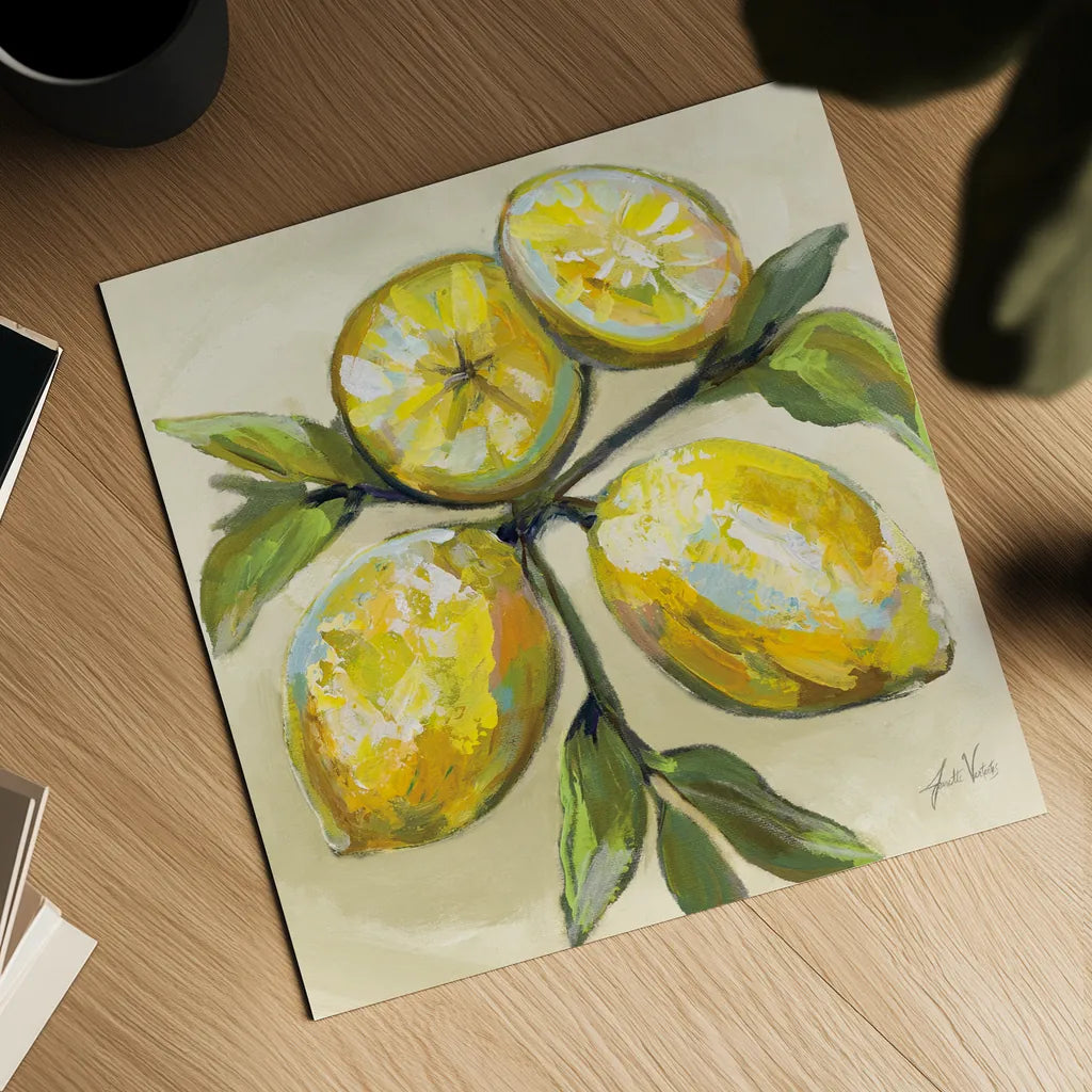 Lemons on Cream by Jeanette Vertentes. Shown as a detailed flat fine art print, highlighting archival giclee quality. Available as an archival giclee rolled canvas, fine art paper, or poster print. SKU 63916a.