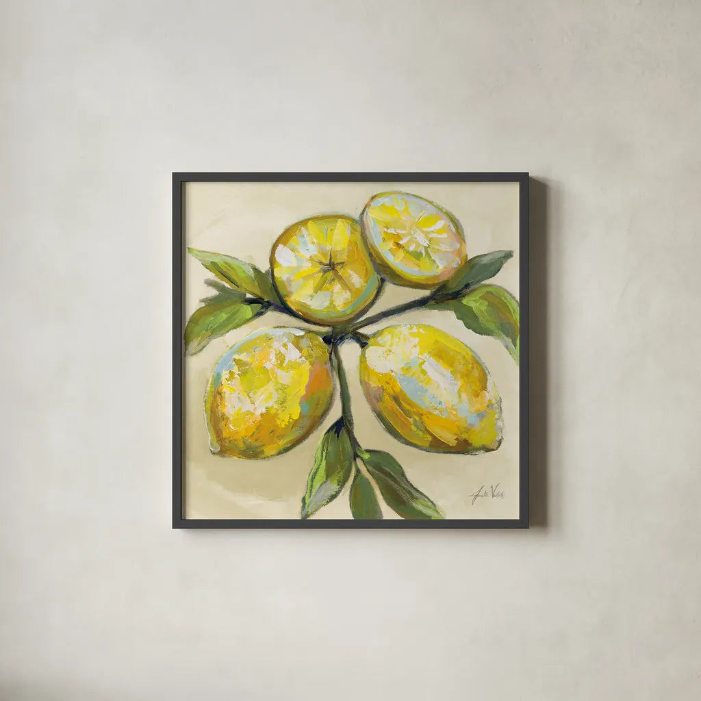 Lemons on Cream by Jeanette Vertentes. Shown in a sleek black glass frame for a contemporary gallery look. Available as an archival giclee rolled canvas, fine art paper, or poster print. SKU 63916a.