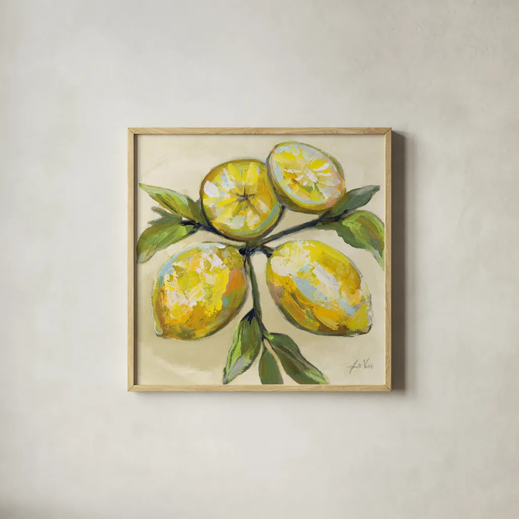Lemons on Cream by Jeanette Vertentes. Shown in a natural wood glass frame for a timeless modern aesthetic. Available as an archival giclee rolled canvas, fine art paper, or poster print. SKU 63916a.