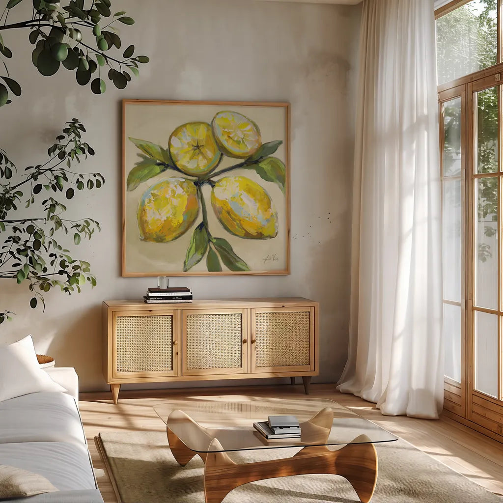 Lemons on Cream by Jeanette Vertentes. Shown in a natural wood frame in a cozy modern living room. Available as an archival giclee rolled canvas, fine art paper, or poster print. SKU 63916a.
