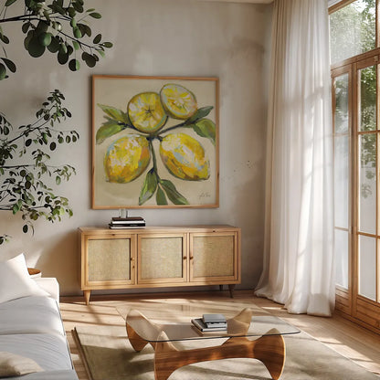 Lemons on Cream by Jeanette Vertentes. Shown in a natural wood frame in a cozy modern living room. Available as an archival giclee rolled canvas, fine art paper, or poster print. SKU 63916a.
