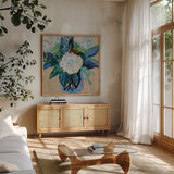 Light Hearted Bouquet by Jeanette Vertentes. Shown in a natural wood frame in a cozy modern living room. Available as an archival giclee rolled canvas, fine art paper, or poster print. SKU 95744a.