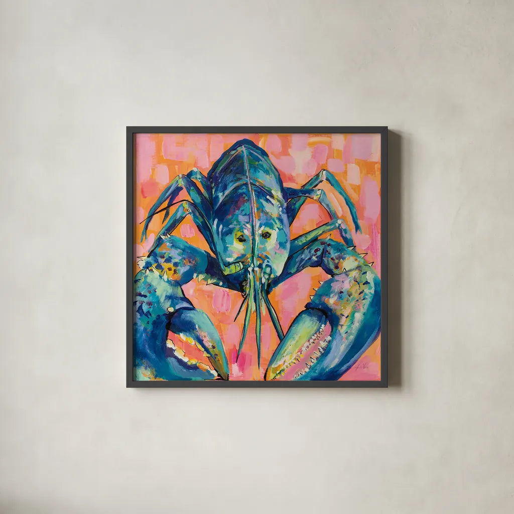 Lilly Lobster I by Jeanette Vertentes. Shown in a sleek black glass frame for a contemporary gallery look. Available as an archival giclee rolled canvas, fine art paper, or poster print. SKU 55176a.