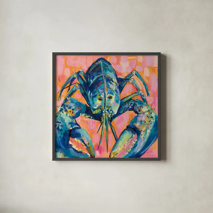 Lilly Lobster I by Jeanette Vertentes. Shown in a sleek black glass frame for a contemporary gallery look. Available as an archival giclee rolled canvas, fine art paper, or poster print. SKU 55176a.