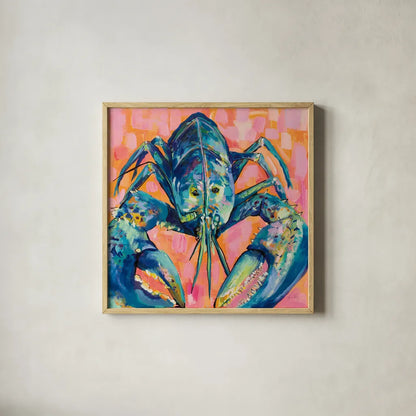 Lilly Lobster I by Jeanette Vertentes. Shown in a natural wood glass frame for a timeless modern aesthetic. Available as an archival giclee rolled canvas, fine art paper, or poster print. SKU 55176a.