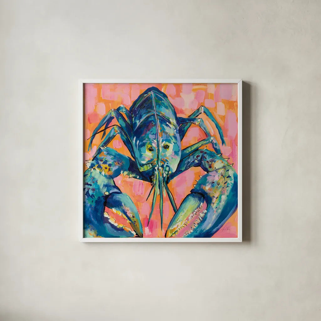 Lilly Lobster I by Jeanette Vertentes. Shown in a crisp white glass frame for a clean and minimalist style. Available as an archival giclee rolled canvas, fine art paper, or poster print. SKU 55176a.