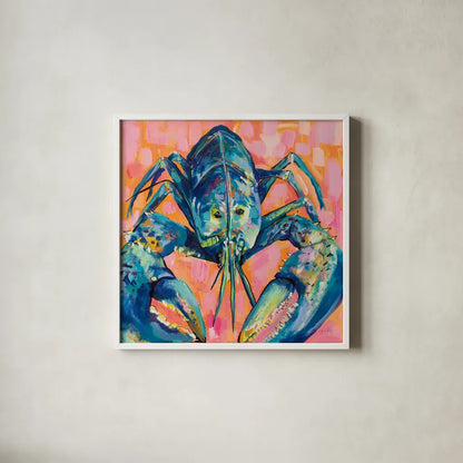 Lilly Lobster I by Jeanette Vertentes. Shown in a crisp white glass frame for a clean and minimalist style. Available as an archival giclee rolled canvas, fine art paper, or poster print. SKU 55176a.