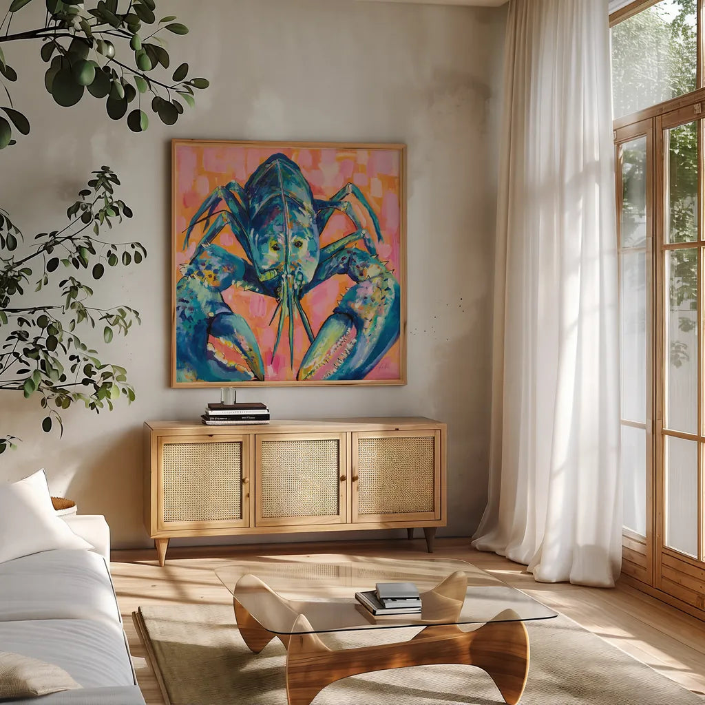 Lilly Lobster I by Jeanette Vertentes. Shown in a natural wood frame in a cozy modern living room. Available as an archival giclee rolled canvas, fine art paper, or poster print. SKU 55176a.