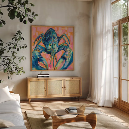Lilly Lobster I by Jeanette Vertentes. Shown in a natural wood frame in a cozy modern living room. Available as an archival giclee rolled canvas, fine art paper, or poster print. SKU 55176a.