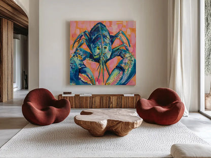 Lilly Lobster I by Jeanette Vertentes. Shown as extra-large giant wall art in a modern living room. Available as an archival giclee rolled canvas, fine art paper, or poster print. SKU 55176a.