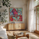 Lilly Lobster III by Jeanette Vertentes. Shown in a natural wood frame in a cozy modern living room. Available as an archival giclee rolled canvas, fine art paper, or poster print. SKU 55178a.