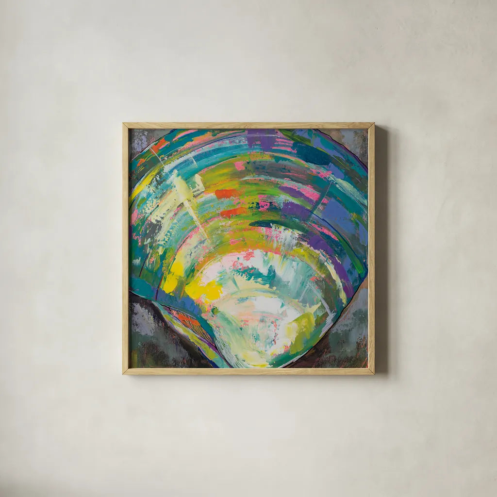Lilly Quahog by Jeanette Vertentes. Shown in a natural wood glass frame for a timeless modern aesthetic. Available as an archival giclee rolled canvas, fine art paper, or poster print. SKU 55493a.