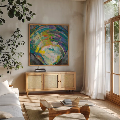 Lilly Quahog by Jeanette Vertentes. Shown in a natural wood frame in a cozy modern living room. Available as an archival giclee rolled canvas, fine art paper, or poster print. SKU 55493a.