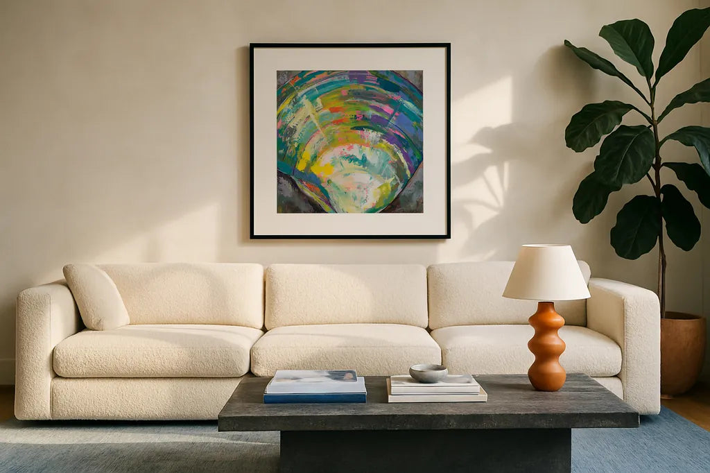 Lilly Quahog by Jeanette Vertentes. Displayed in a glass frame with matte in a clean modern living room. Available as an archival giclee rolled canvas, fine art paper, or poster print. SKU 55493a.