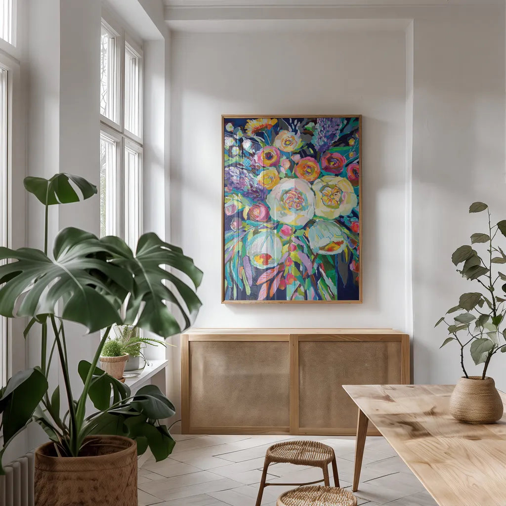 Lilys Bouquet by Jeanette Vertentes. shown as a print in a natural wood frame in a dining room. Available as a archival giclee rolled canvas, fine art paper, or poster print. SKU 54409h.