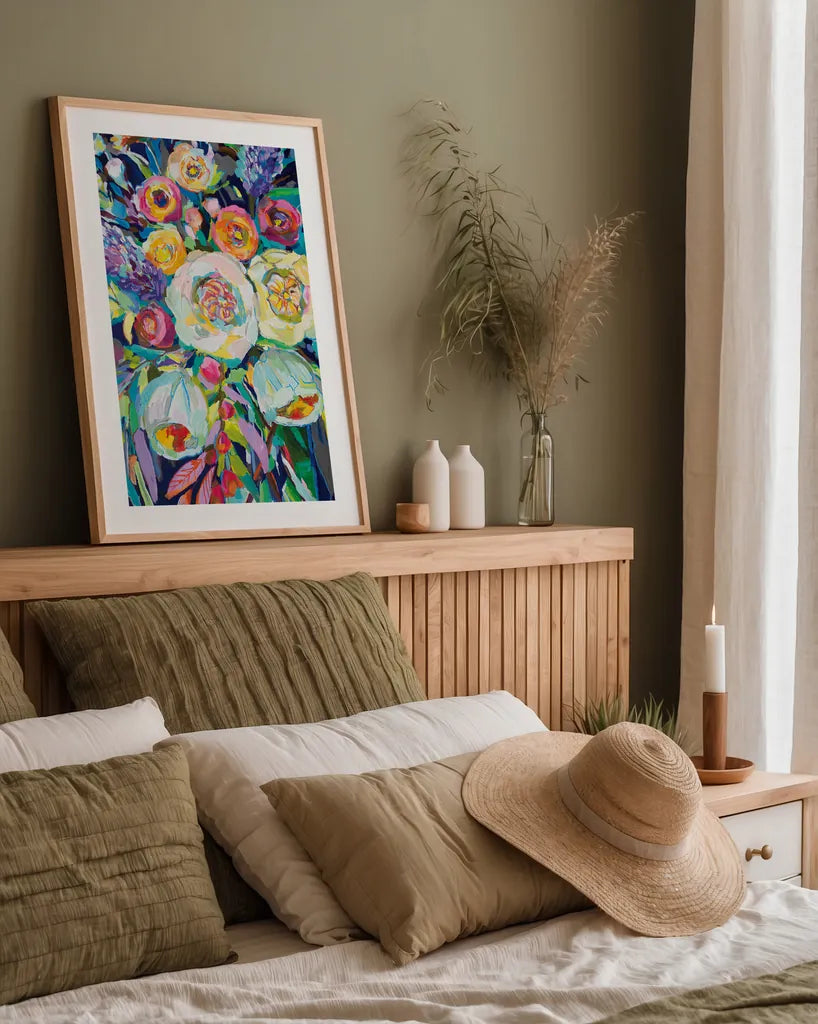 Lilys Bouquet by Jeanette Vertentes. shown as a paper print in a natural frame. Available as a archival giclee rolled canvas, fine art paper, or poster print. SKU 54409h.