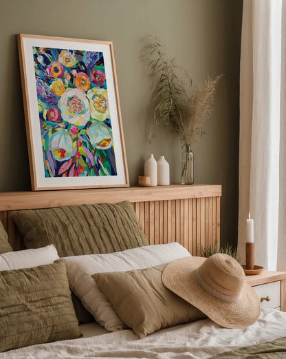 Lilys Bouquet by Jeanette Vertentes. shown as a paper print in a natural frame. Available as a archival giclee rolled canvas, fine art paper, or poster print. SKU 54409h.