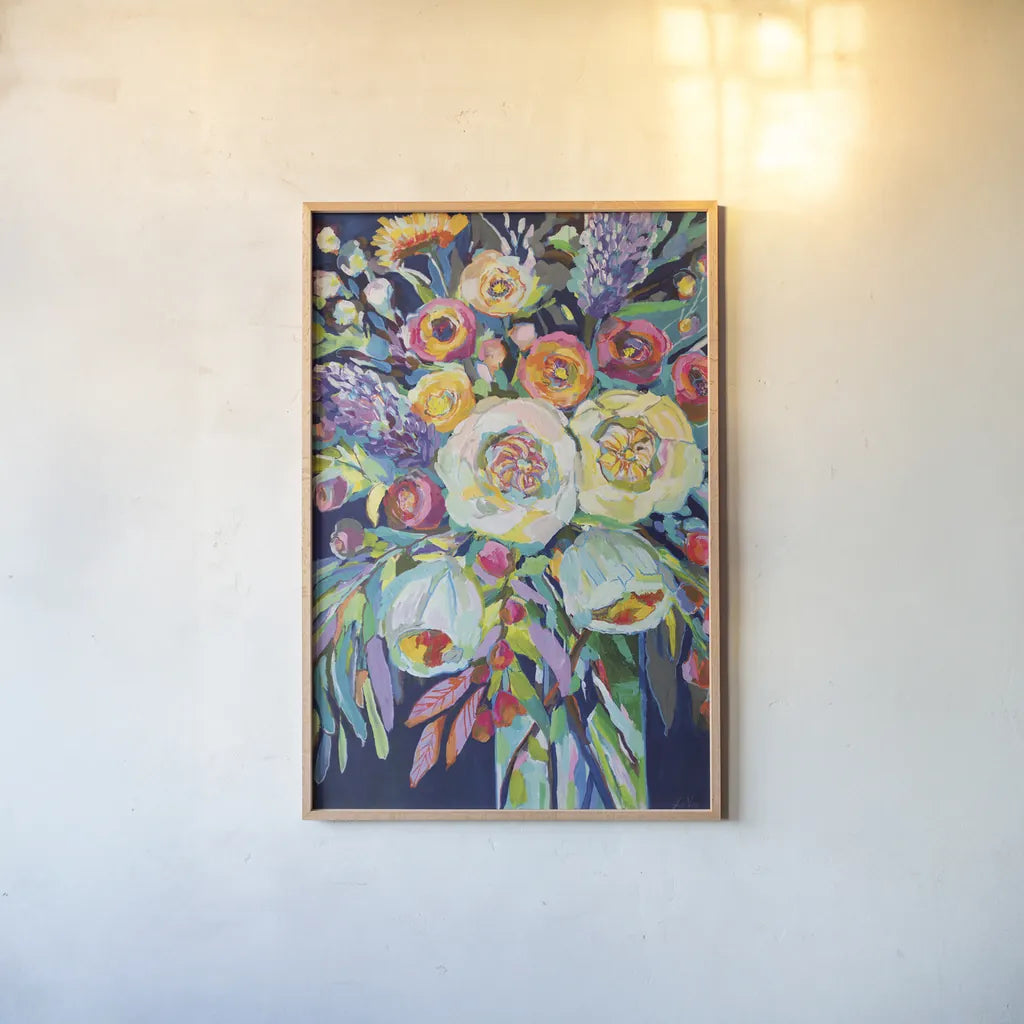 Lilys Bouquet by Jeanette Vertentes. shown as a paper print in a natural frame. Available as a archival giclee rolled canvas, fine art paper, or poster print. SKU 54409h.