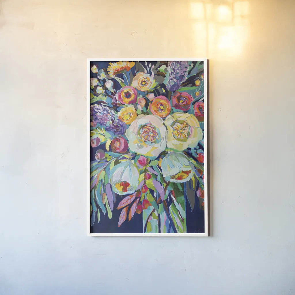 Lilys Bouquet by Jeanette Vertentes. shown as a paper print in a white frame. Available as a archival giclee rolled canvas, fine art paper, or poster print. SKU 54409h.