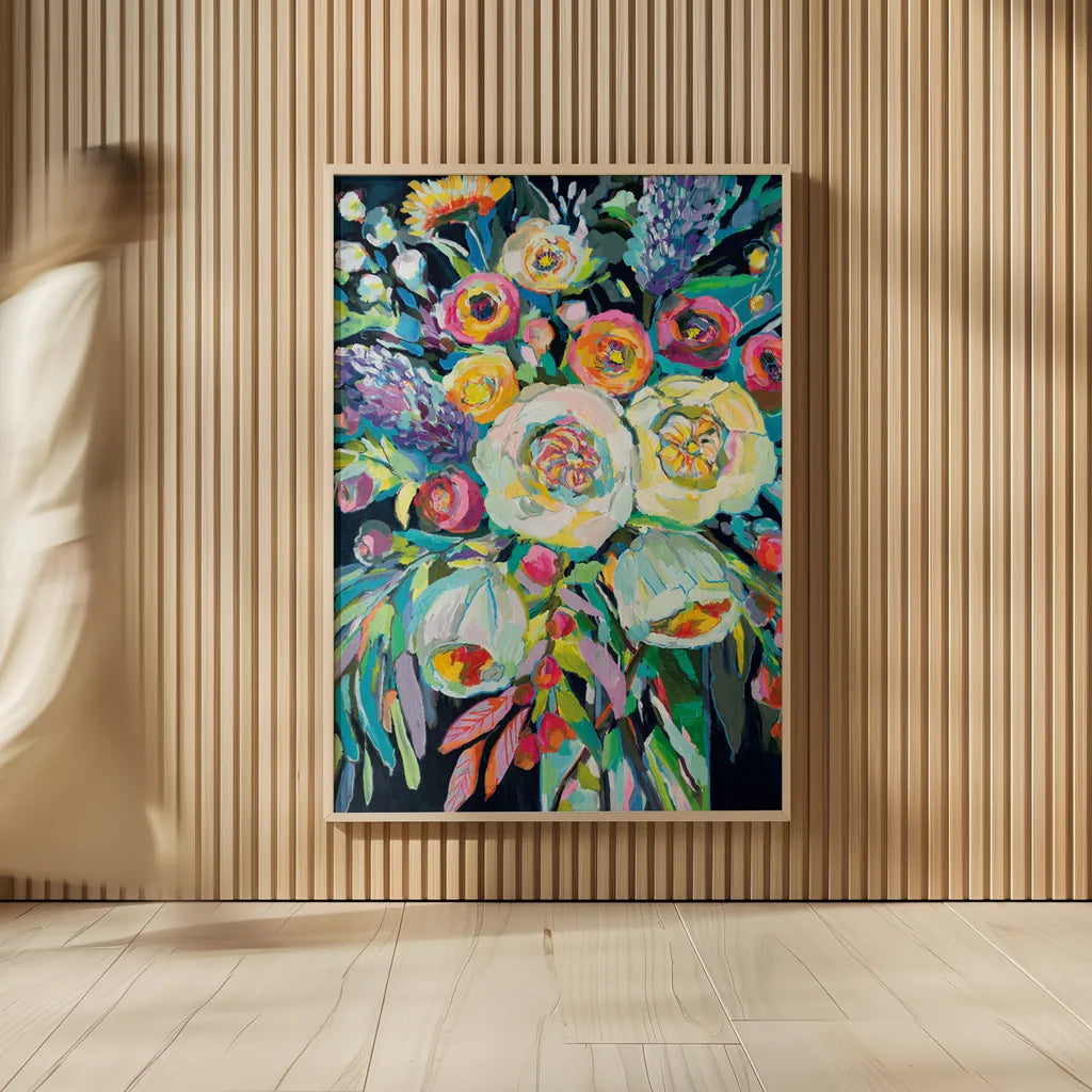 Lilys Bouquet Black by Jeanette Vertentes. shown as over sized large wall art. Available as an archival giclee rolled canvas, fine art paper, or poster print. SKU 72305h.