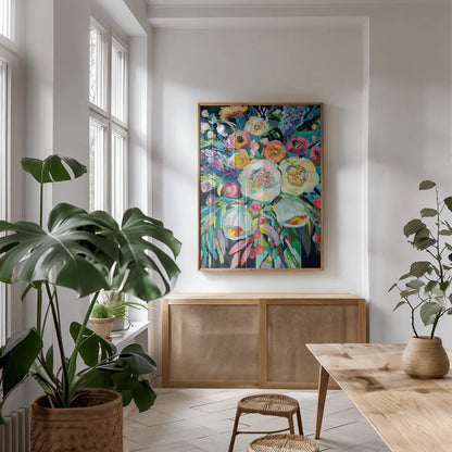 Lilys Bouquet Black by Jeanette Vertentes. shown as a print in a natural wood frame in a dining room. Available as a archival giclee rolled canvas, fine art paper, or poster print. SKU 72305h.