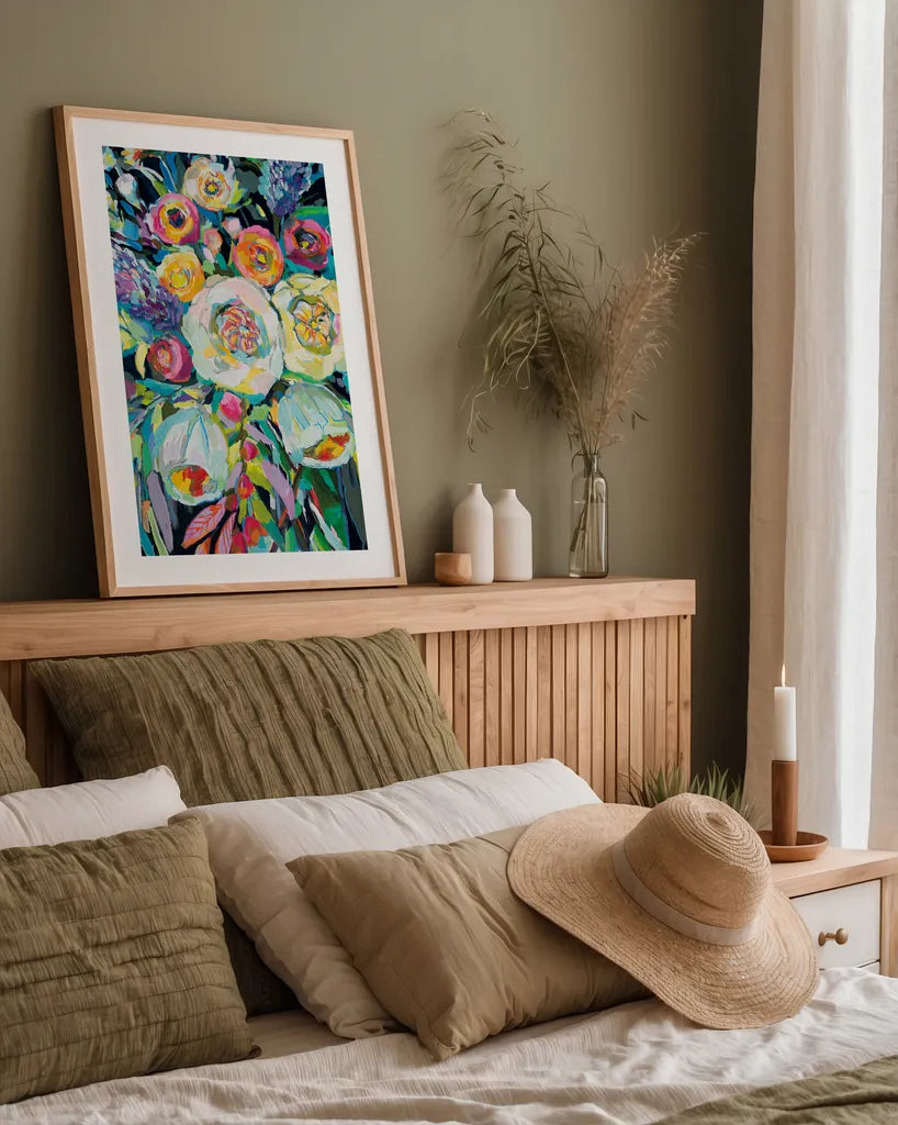 Lilys Bouquet Black by Jeanette Vertentes. shown as a paper print in a natural frame. Available as a archival giclee rolled canvas, fine art paper, or poster print. SKU 72305h.