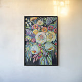 Lilys Bouquet Black by Jeanette Vertentes. shown as a paper print in a black flame. Available as a archival giclee rolled canvas, fine art paper, or poster print. SKU 72305h.
