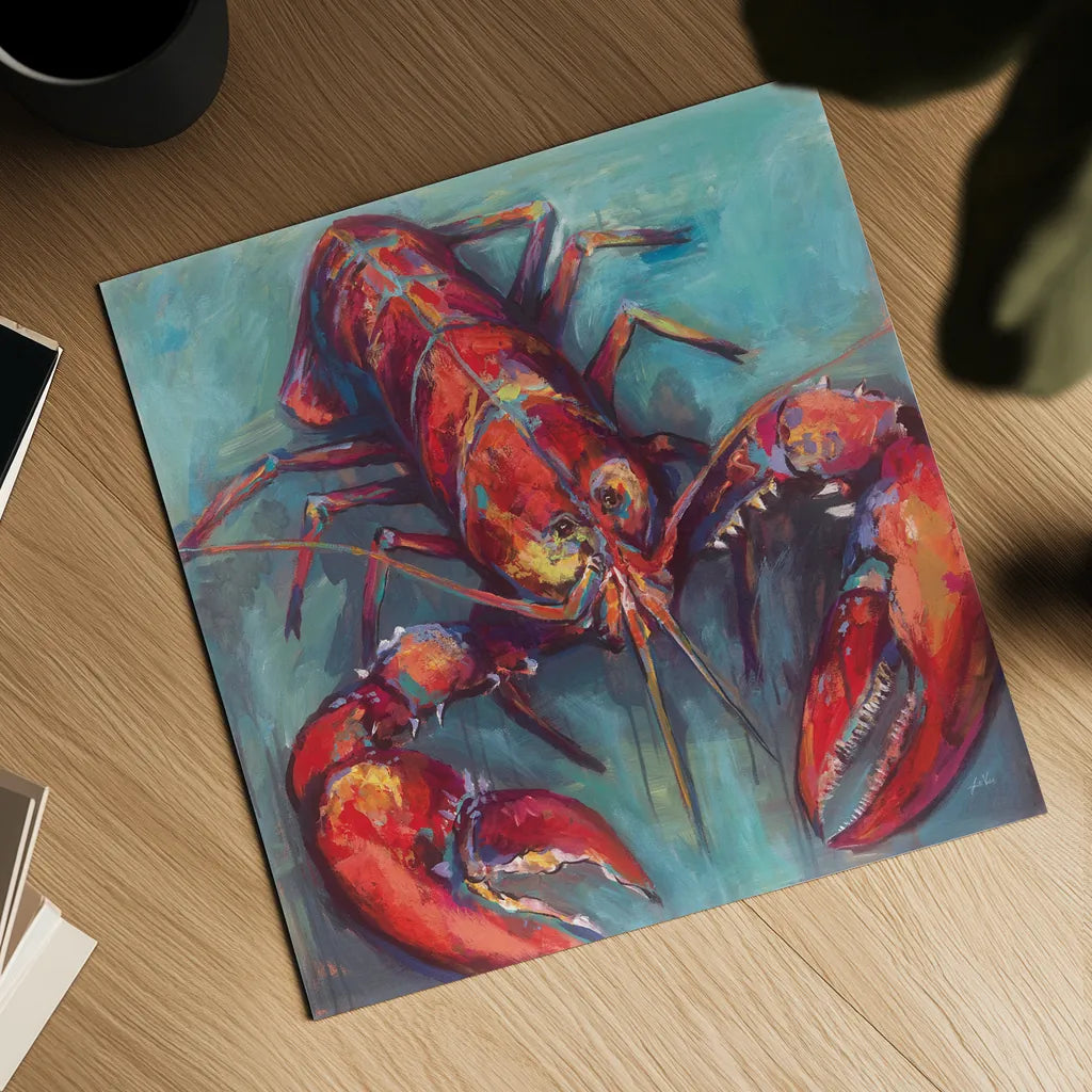 Lobster by Jeanette Vertentes. Shown as a detailed flat fine art print, highlighting archival giclee quality. Available as an archival giclee rolled canvas, fine art paper, or poster print. SKU 49334a.