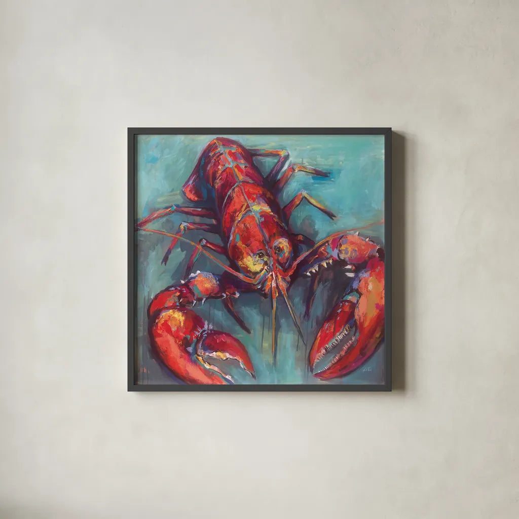 Lobster by Jeanette Vertentes. Shown in a sleek black glass frame for a contemporary gallery look. Available as an archival giclee rolled canvas, fine art paper, or poster print. SKU 49334a.