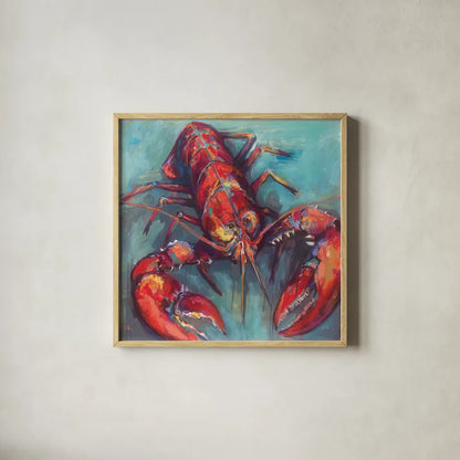 Lobster by Jeanette Vertentes. Shown in a natural wood glass frame for a timeless modern aesthetic. Available as an archival giclee rolled canvas, fine art paper, or poster print. SKU 49334a.
