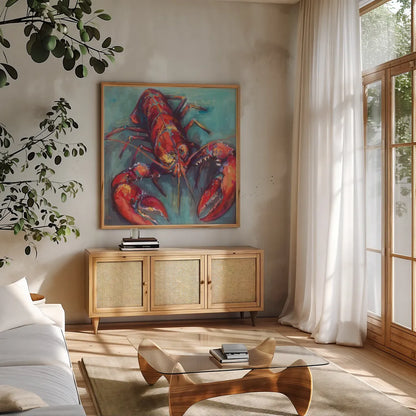 Lobster by Jeanette Vertentes. Shown in a natural wood frame in a cozy modern living room. Available as an archival giclee rolled canvas, fine art paper, or poster print. SKU 49334a.