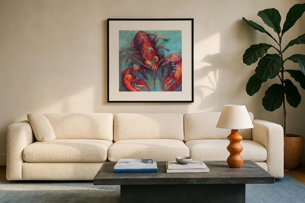 Lobster by Jeanette Vertentes. Displayed in a glass frame with matte in a clean modern living room. Available as an archival giclee rolled canvas, fine art paper, or poster print. SKU 49334a.