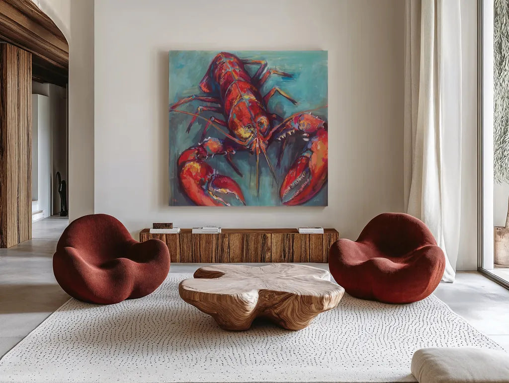 Lobster by Jeanette Vertentes. Shown as extra-large giant wall art in a modern living room. Available as an archival giclee rolled canvas, fine art paper, or poster print. SKU 49334a.