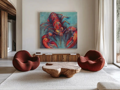 Lobster by Jeanette Vertentes. Shown as extra-large giant wall art in a modern living room. Available as an archival giclee rolled canvas, fine art paper, or poster print. SKU 49334a.