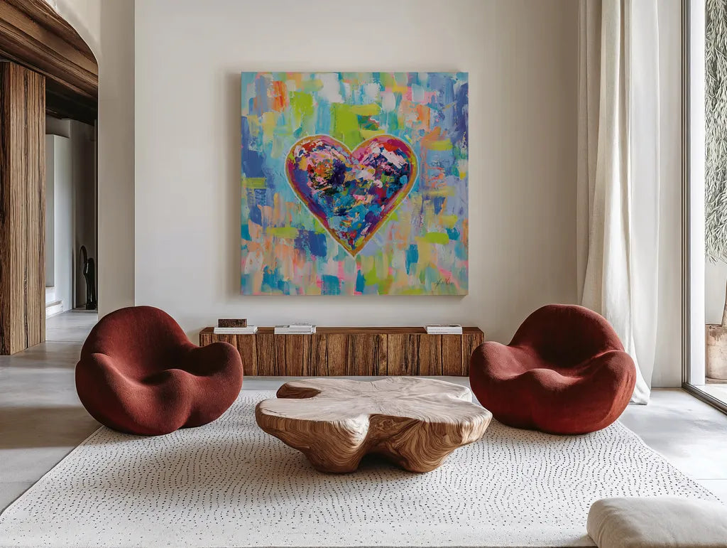Love After Heartbreak by Jeanette Vertentes. Shown as extra-large giant wall art in a modern living room. Available as an archival giclee rolled canvas, fine art paper, or poster print. SKU 78272a.