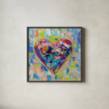 Love After Heartbreak v2 by Jeanette Vertentes. Shown in a sleek black glass frame for a contemporary gallery look. Available as an archival giclee rolled canvas, fine art paper, or poster print. SKU 89193a.