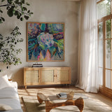 Love that Gives by Jeanette Vertentes. Shown in a natural wood frame in a cozy modern living room. Available as an archival giclee rolled canvas, fine art paper, or poster print. SKU 97009a.
