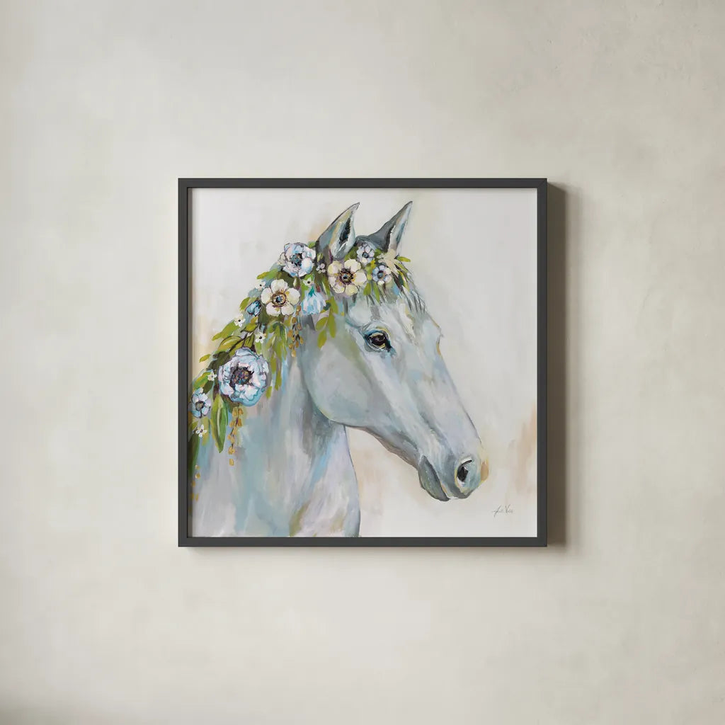 Lovely I Blue Flowers by Jeanette Vertentes. Shown in a sleek black glass frame for a contemporary gallery look. Available as an archival giclee rolled canvas, fine art paper, or poster print. SKU 68932a.