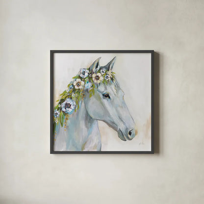 Lovely I Blue Flowers by Jeanette Vertentes. Shown in a sleek black glass frame for a contemporary gallery look. Available as an archival giclee rolled canvas, fine art paper, or poster print. SKU 68932a.